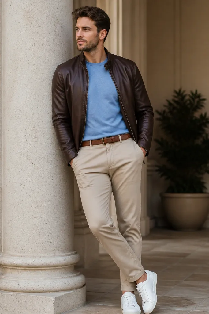 A sky blue t-shirt under a dark brown leather jacket. Beige chinos with a tapered leg. Clean white sneakers and a brown belt.