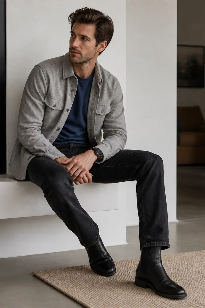 An indigo blue t-shirt under a light gray flannel overshirt. Black denim jeans with a straight cut. Black leather boots and a dark watch.