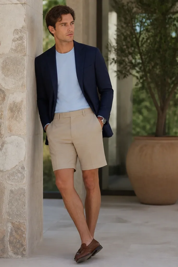 A powder blue t-shirt tucked into khaki shorts. A navy blazer worn open, sleeves down, with a clean structured shoulder. Brown loafers and a simple watch.