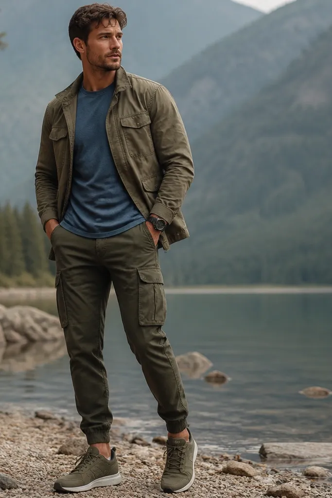 A blue t-shirt with an olive field jacket worn open. Dark olive cargo pants with pockets and a tapered ankle. Olive-green sneakers and a utility-style watch.