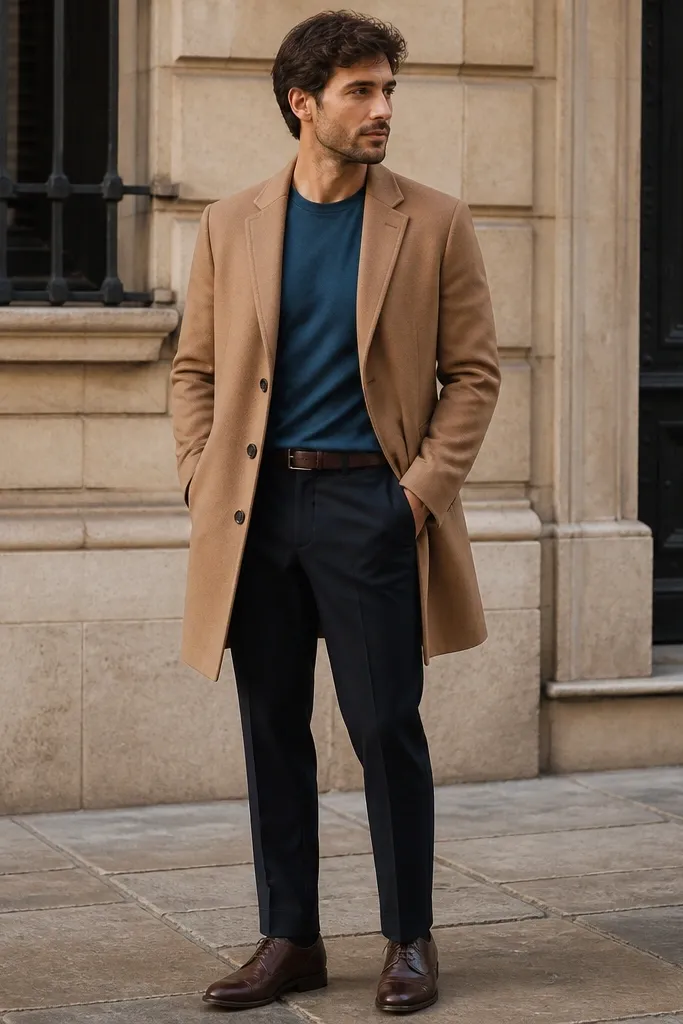 A teal-leaning blue t-shirt under a camel overcoat that reaches mid-thigh. Dark trousers are straight and pressed. Brown leather derby shoes and a dark belt.