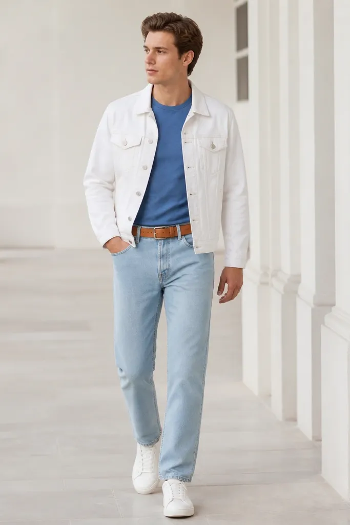 A medium blue t-shirt under a white denim jacket. Light wash jeans with a straight leg. White sneakers and a tan belt, with a clean casual look.