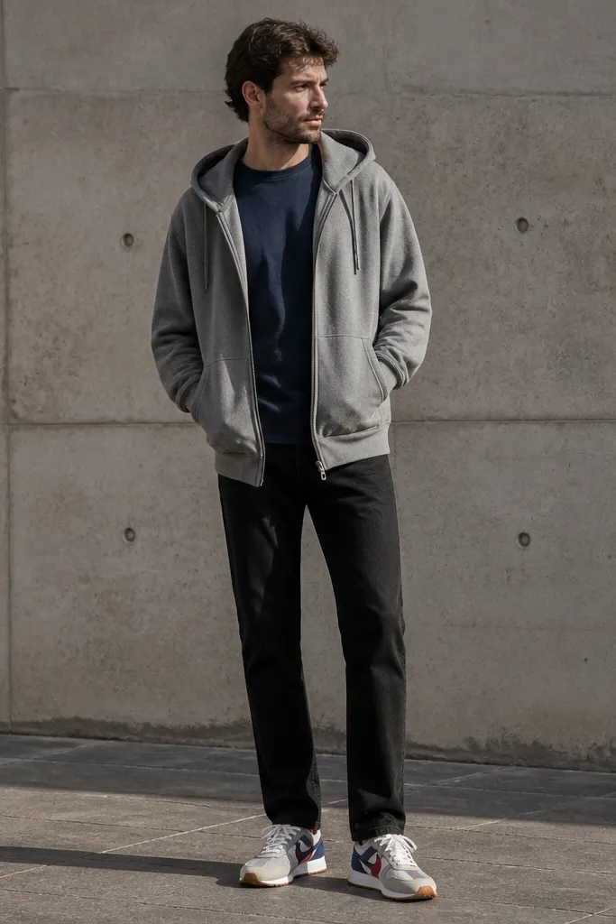 A darker blue t-shirt worn under a gray hoodie pulled on top. Black jeans straight leg and retro-style runner sneakers with colored accents.