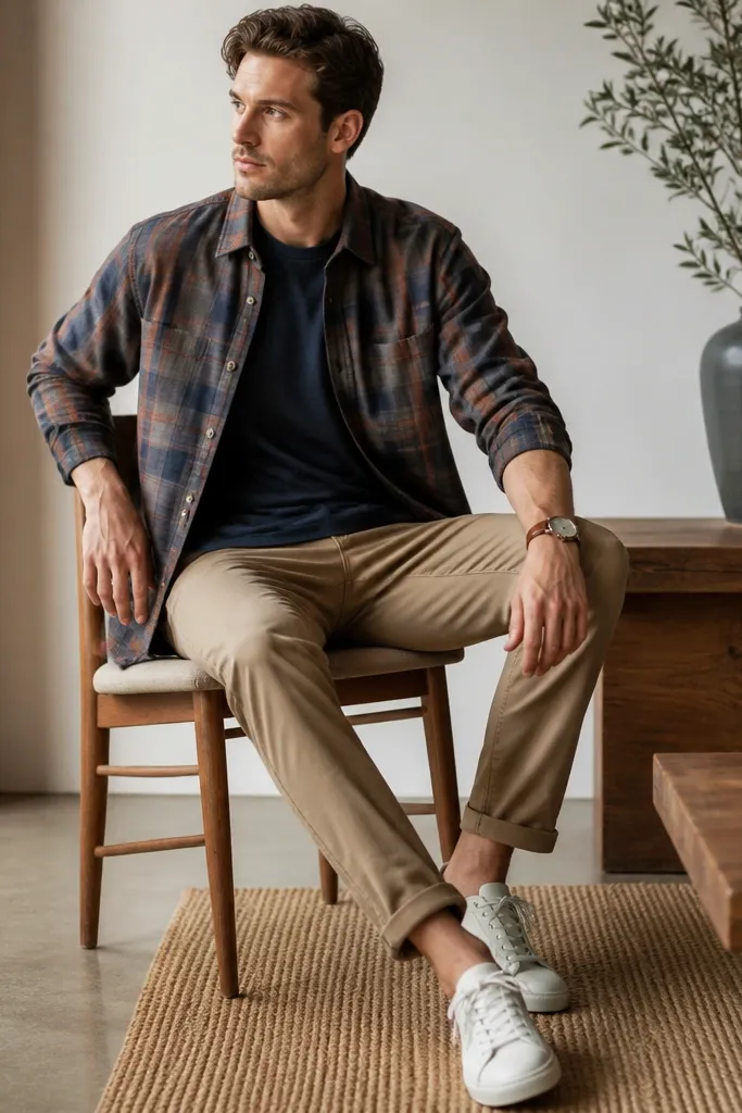 A blue t-shirt under a plaid overshirt in muted tones (gray, navy, and rust). Khaki chinos, cuffed slightly. White leather sneakers and a brown watch strap.