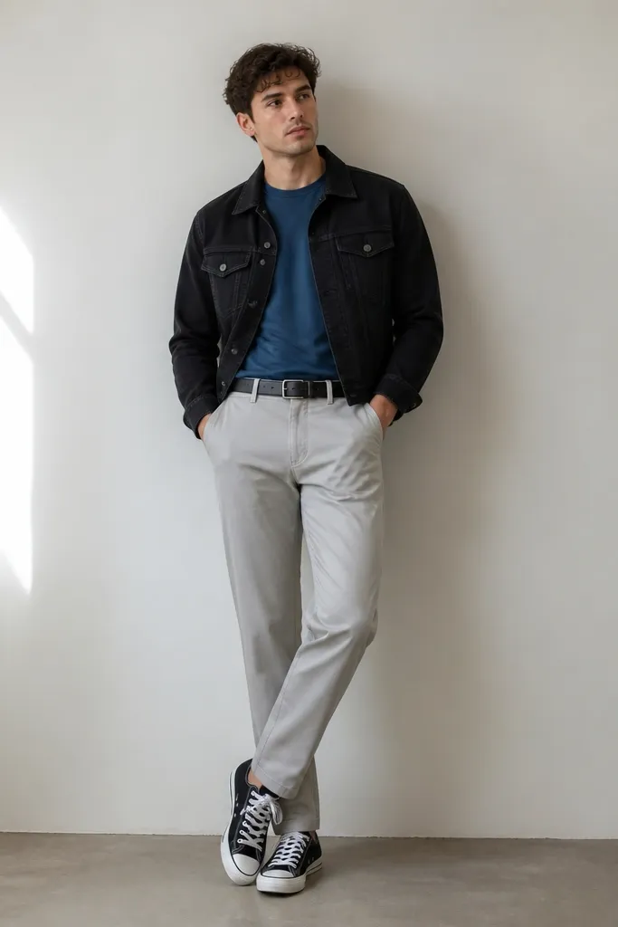 A blue t-shirt worn under a black denim jacket. Light gray chinos with a straight leg and a clean hem. Black-and-white sneakers and a black belt.