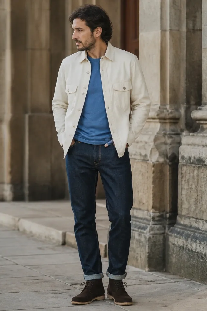A man wearing a cerulean blue t-shirt under an off-white cotton workwear overshirt with two chest pockets and a slightly boxy cut. He has deep indigo selvedge-style jeans with visible orange selvedge edge at the hem and a clean mid-calf break. Dark chocolate suede desert boots with crepe soles finish the look, photographed outdoors with soft daylight so the blue tee looks slightly washed and the overshirt reads warm off-white.