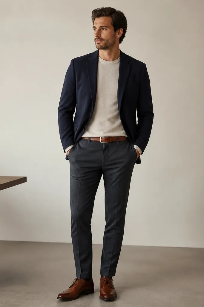A navy blazer worn over an oatmeal crewneck sweater with ribbed cuffs, paired with dark charcoal chinos. The outfit is completed with brown leather derby shoes and a simple tan belt. Background is a plain indoor office setting with soft lighting.