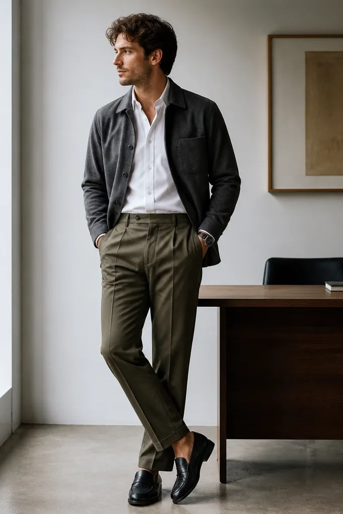 A charcoal flannel overshirt open at the front over a crisp white Oxford button-down. Olive tailored trousers sit high on the waist, with black leather loafers and a dark watch strap. The photo shows a relaxed office-casual stance.