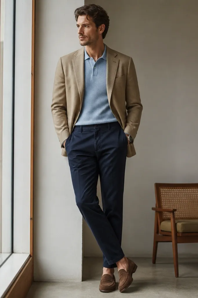 A light blue knit polo with a structured collar and short sleeves is paired with a tan blazer and navy chinos. Brown suede loafers complete the look, with a watch visible near the cuff. The image is shot in natural light near a window.