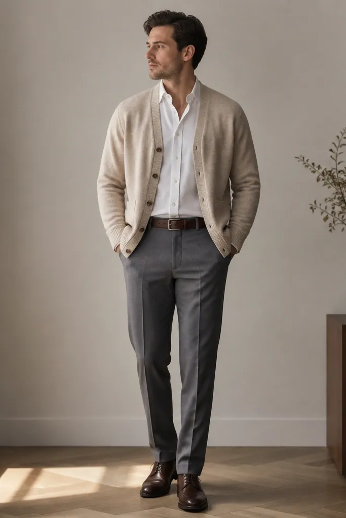 An oatmeal cardigan with horn-like buttons is worn over a white button-down shirt. Medium gray trousers are tailored with a slight break. The shoes are dark brown leather lace-ups, and the belt matches. The photo shows a neat, office-friendly silhouette.