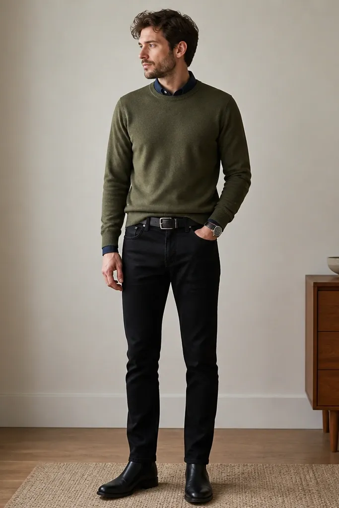 An olive crewneck sweater is layered over a navy collared shirt, with the collar peeking out. Black jeans are worn slim but not tight, and the shoes are black Chelsea boots. A leather belt and minimal watch are visible.