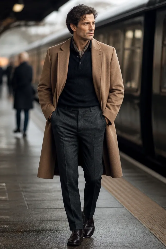 A camel overcoat is worn over a dark knit polo and tucked into charcoal trousers. The shoes are dark leather brogues, and a scarf is folded neatly at the neck. The scene looks like a winter commute.