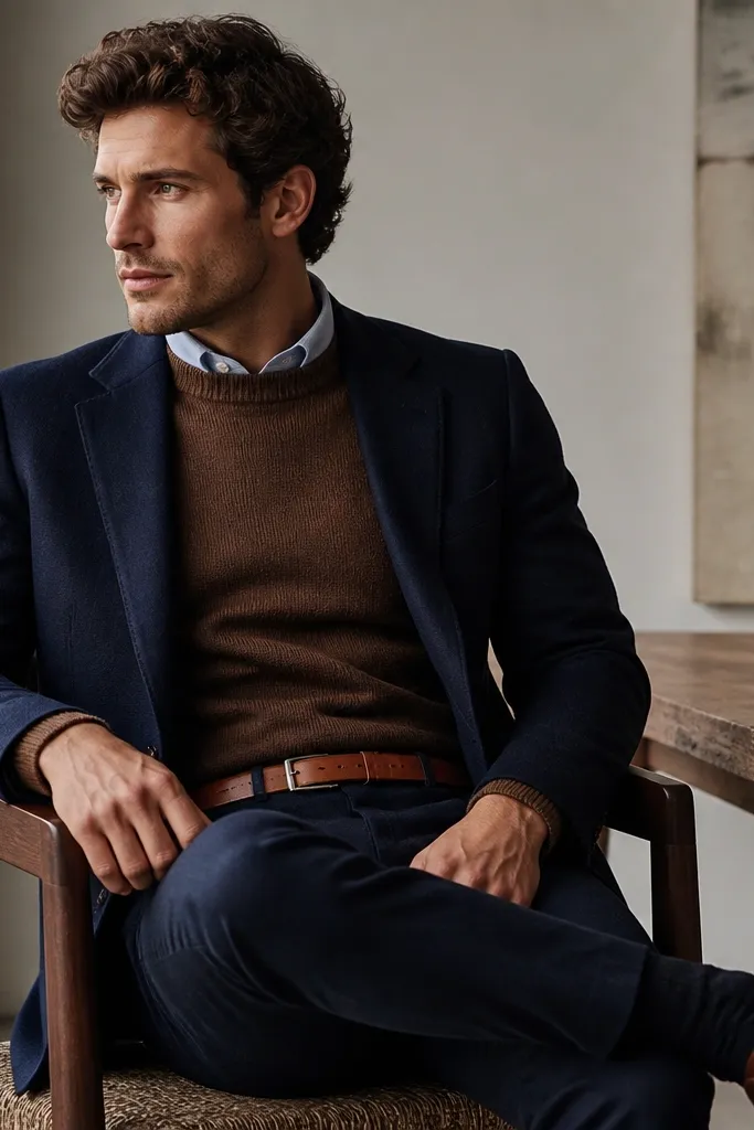 A brown turtleneck sweater is layered over a light blue oxford shirt collar that peeks out. A navy blazer sits on top, with tan belt and brown leather oxfords. The image shows a crisp layered neckline.