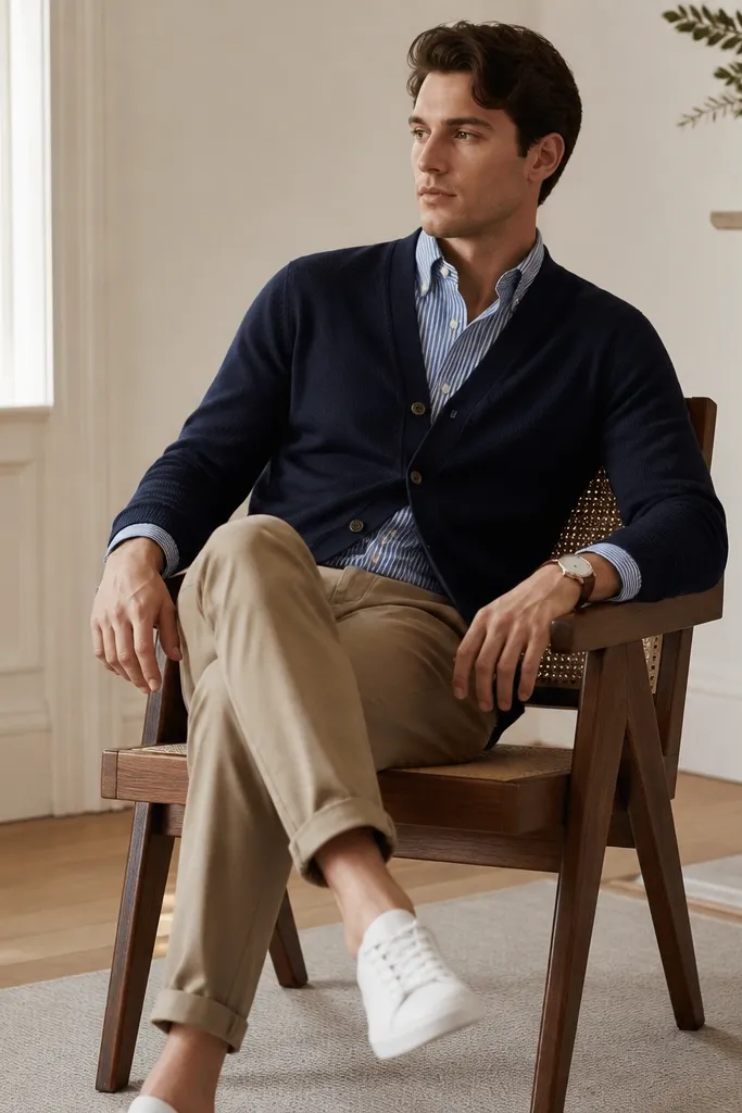 A navy cardigan is worn over a blue-and-white striped button-down. Khaki chinos are paired with white sneakers with a low profile. A simple leather watch band is visible.