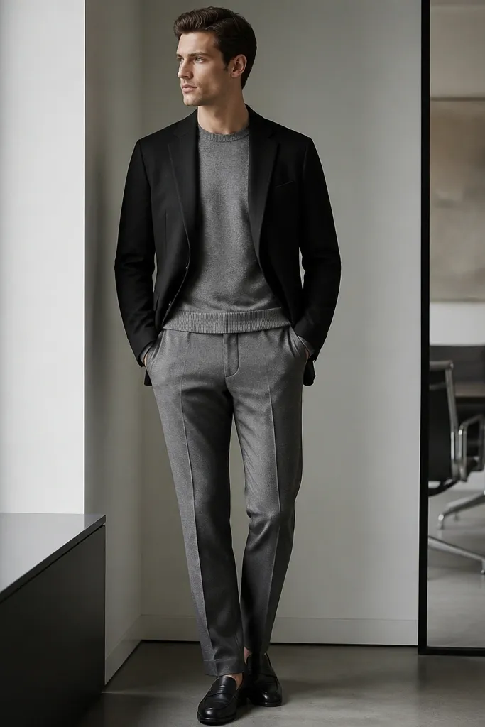 A black blazer over a gray merino crewneck. The trousers are a slightly lighter gray, creating a monochrome look. The shoes are black leather loafers. The photo shows a clean, sharp office silhouette.