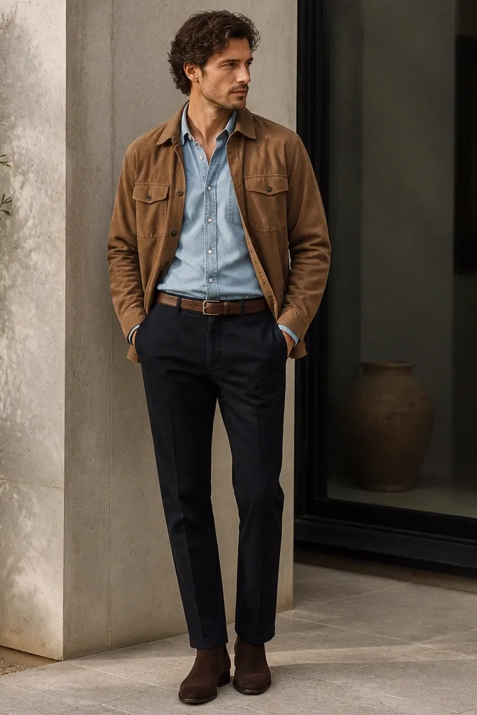A light denim button-down is layered under a tan suede overshirt. Dark slacks are tailored with a straight leg. The shoes are dark brown suede boots, and the belt matches the overshirt tone.