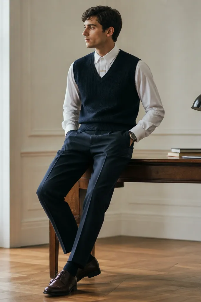 A white Oxford shirt is worn with a navy sweater vest. Navy wool trousers are paired with dark brown leather oxfords. A simple tie pin is visible but no tie is worn. The outfit looks traditional and office-ready.