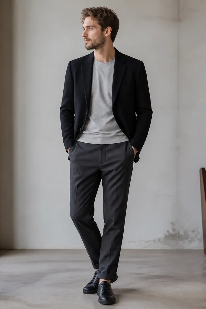 A black knit blazer is worn over a light gray crew t-shirt. Charcoal chinos are paired with black leather sneakers or minimalist loafers. The outfit looks relaxed but still structured.