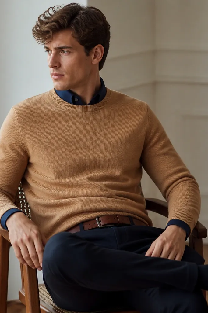 A camel sweater with a crew neckline is worn over a navy dress shirt. The shirt collar is crisp and visible. Dark trousers are paired with black leather lace-ups and a brown belt. The photo shows the neckline detail clearly.