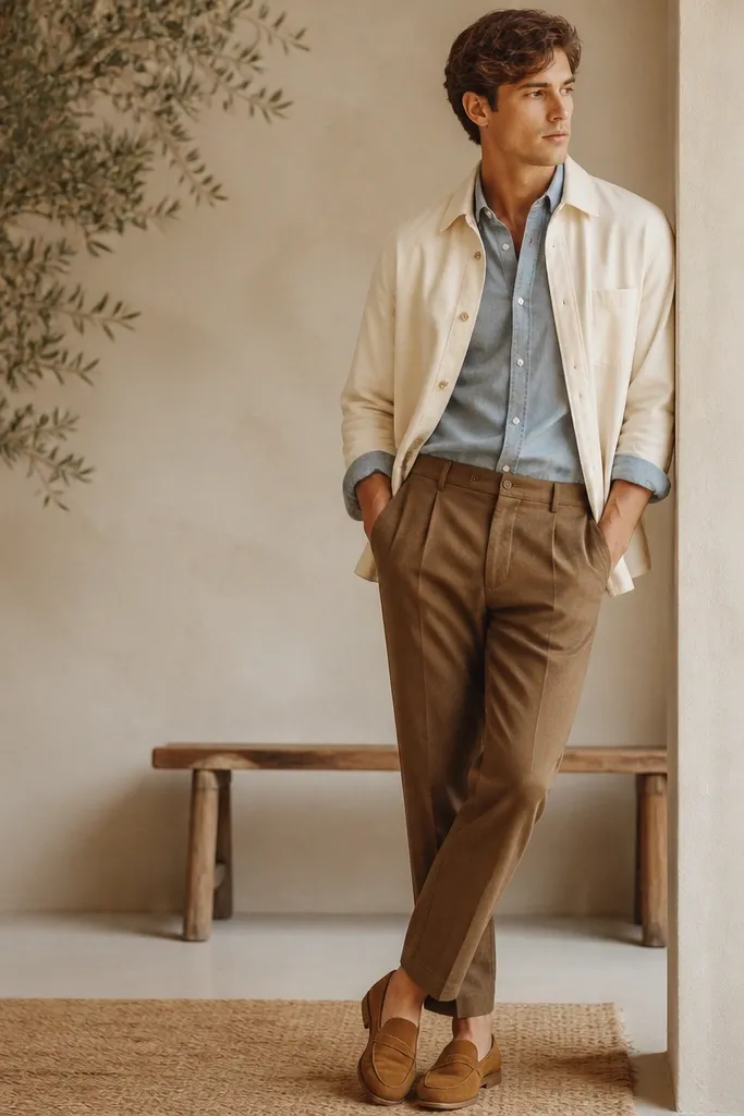 A cream cotton overshirt is worn open over a light blue chambray shirt. Brown trousers are tailored with a slight taper. The shoes are tan loafers, and the overall tone is warm and airy.