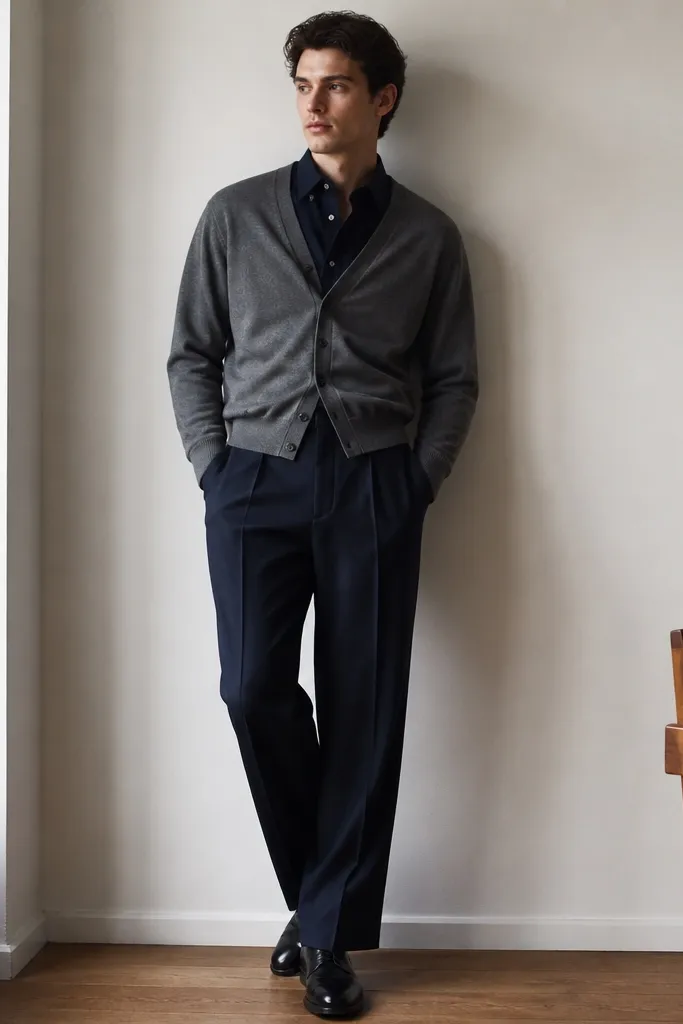 A navy button-down shirt is layered under a mid-gray cardigan. The pants are navy pleated trousers with a wider leg and clean crease lines. The shoes are dark leather oxfords.