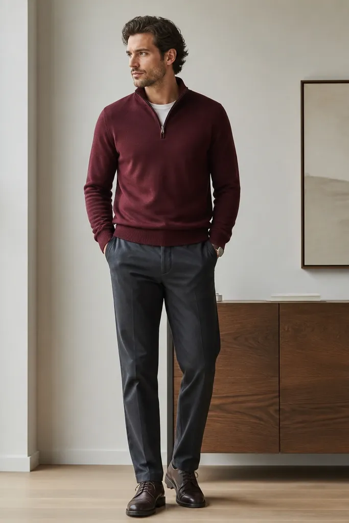 A burgundy quarter-zip is worn over a white crew t-shirt. Charcoal chinos are tailored with a straight leg. The shoes are dark brown leather sneakers or derby shoes. The outfit looks casual but office-friendly.