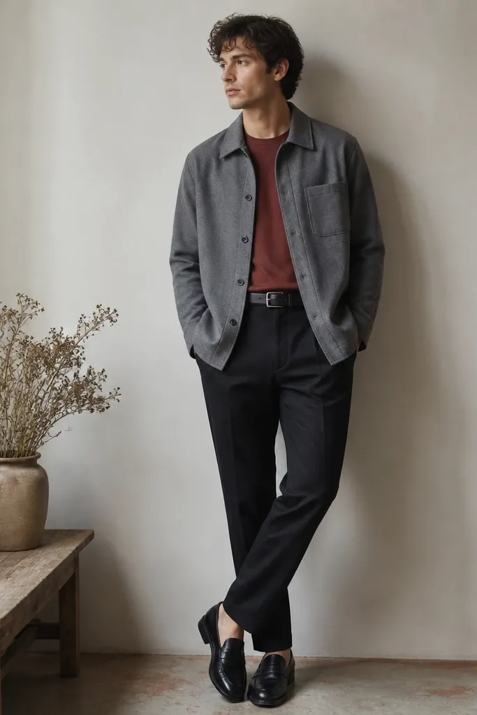 A red-brown crew t-shirt is layered under a gray overshirt. Black trousers are tapered and clean. The shoes are black leather loafers, and a dark belt matches. The photo shows the overshirt front buttoned open slightly.