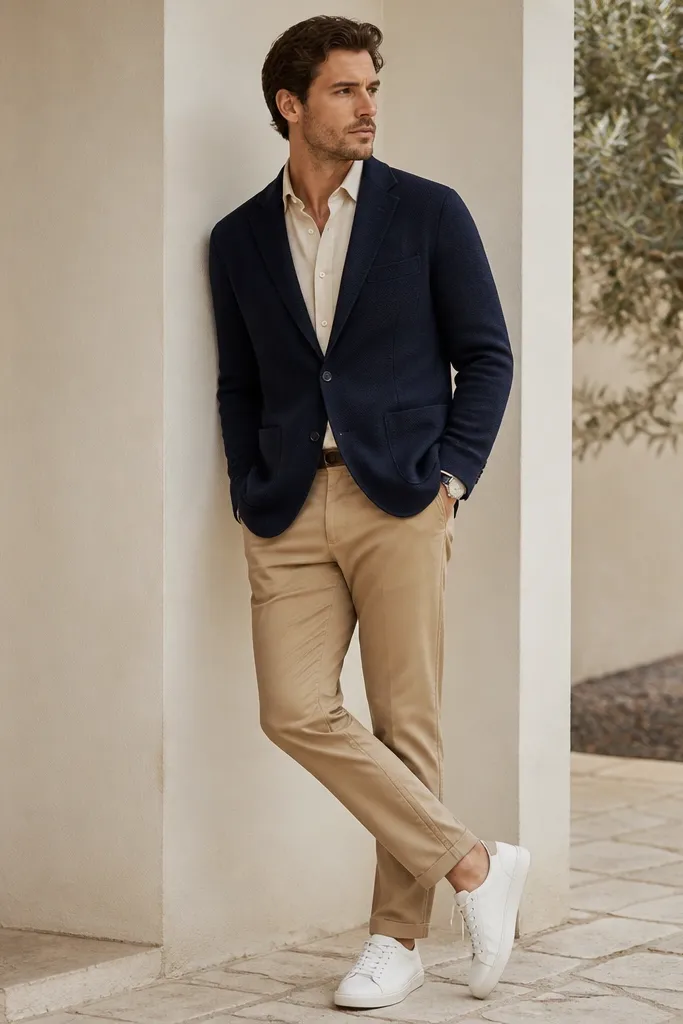 A navy knit blazer is worn over a light oatmeal dress shirt. Tan chinos complete the look, with white low-top sneakers tucked into the style. A simple silver watch is visible.