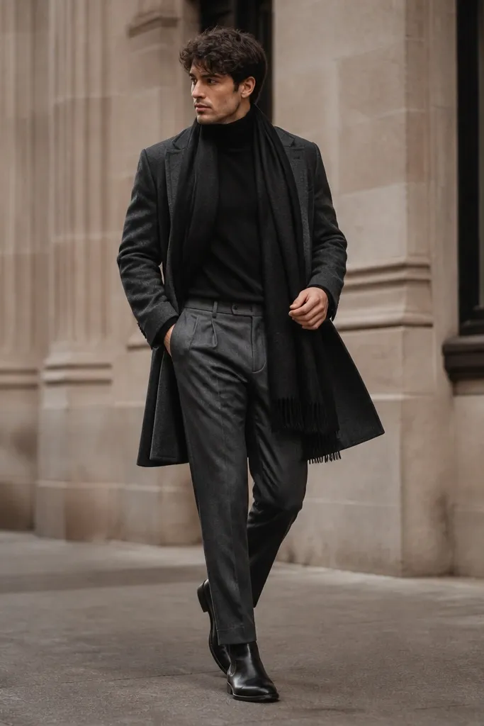 A charcoal wool coat is worn over a black rollneck sweater. Gray tailored trousers are paired with black leather boots. The look is clean and winter-ready, with a scarf in black wool.