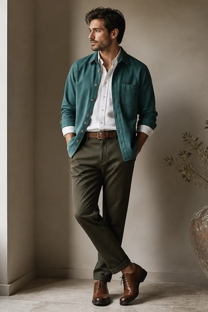 A teal cotton overshirt is layered over a white chambray shirt. Dark olive chinos are tailored with a clean hem. Shoes are brown leather derby shoes, with a matching belt. The photo shows rolled sleeves and a relaxed stance.