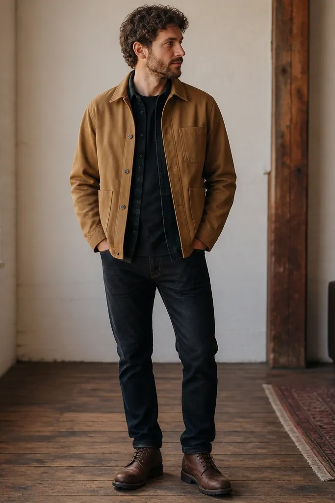 A man wearing a blackwatch green and navy flannel button-up over a plain black crew-neck tee, layered with a tan chore jacket. Dark straight jeans and brown leather boots complete the outfit.