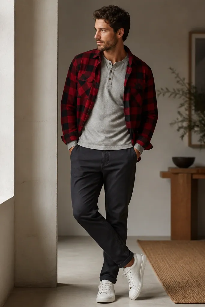 A red buffalo plaid flannel overshirt worn open over a heather grey henley. The outfit shows dark charcoal pants and white low-top sneakers.