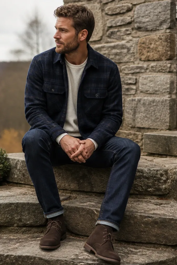A navy flannel shirt jacket layered over a white thermal long-sleeve. The man wears indigo jeans and dark brown suede chukka boots.