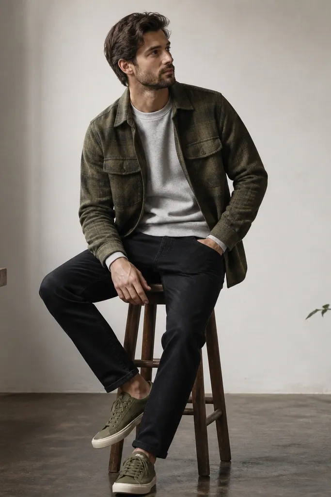 An olive green flannel button-up worn open over a heather grey sweatshirt. The outfit includes black jeans and olive canvas sneakers.