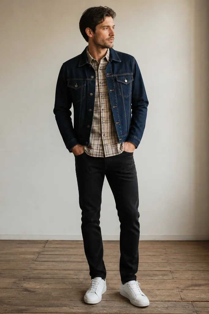 A light tan plaid flannel button-up worn closed with a dark indigo denim jacket on top. The man wears black jeans and clean white sneakers.