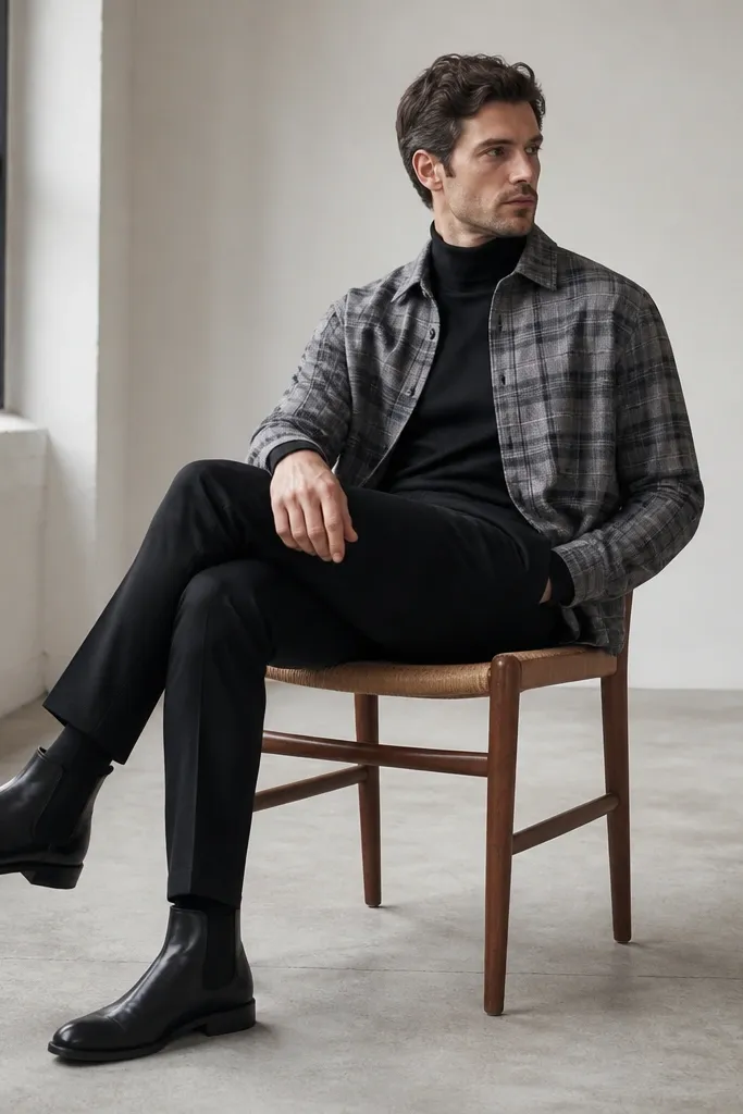 A grey check flannel shirt layered over a black turtleneck. The man wears black trousers and black leather Chelsea boots.