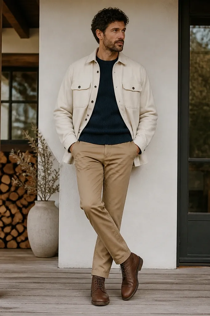 A cream flannel overshirt worn open over a navy crewneck sweater. The man wears tan chinos and brown lace-up boots.