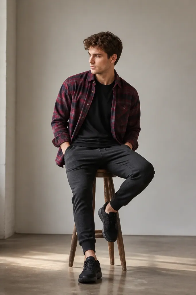 A burgundy plaid flannel shirt worn open over a black tee, paired with charcoal joggers and black sneakers.