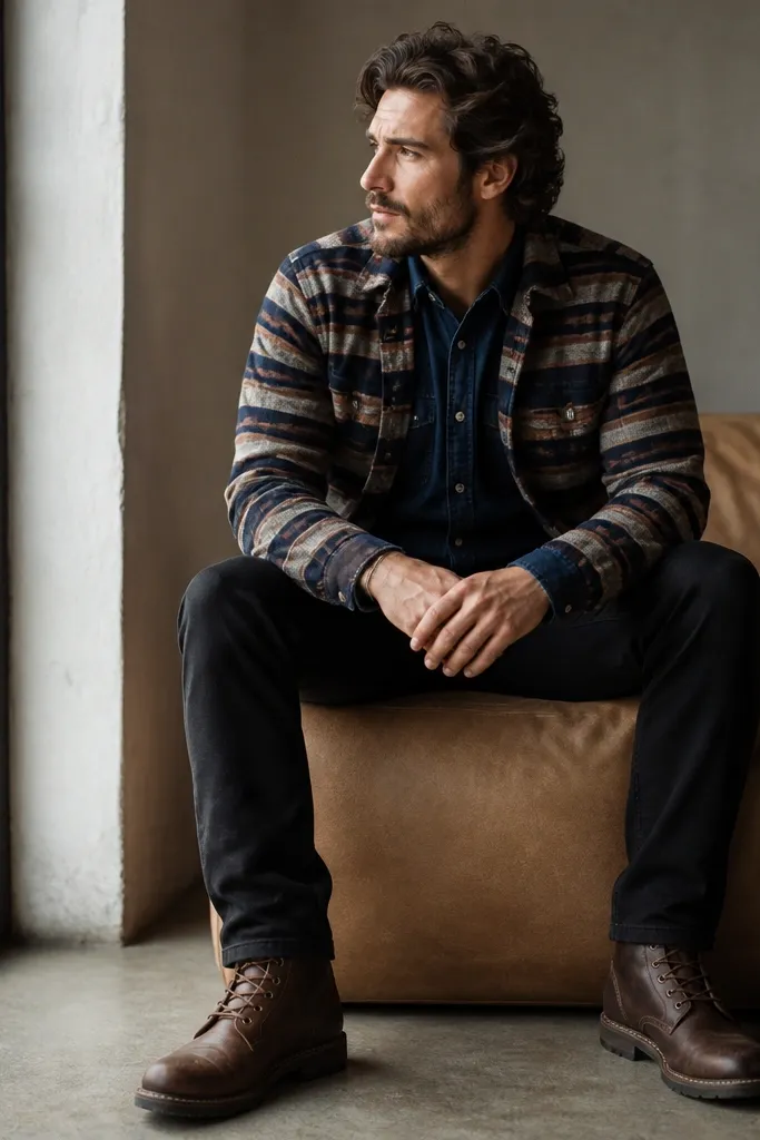 A striped flannel overshirt layered over a dark denim button-down. The man wears black jeans and dark brown work boots.