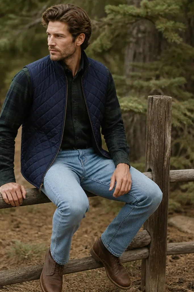 A forest green flannel shirt worn closed under a navy quilted vest. The man wears light blue jeans and brown leather boots.