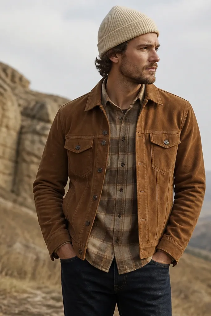 A tan flannel button-up layered under a caramel suede jacket. The man wears dark jeans and a cream beanie.
