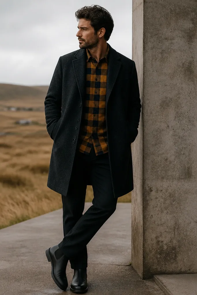 A mustard and black flannel shirt worn buttoned under a charcoal wool overcoat. The man wears black trousers and dark leather boots.
