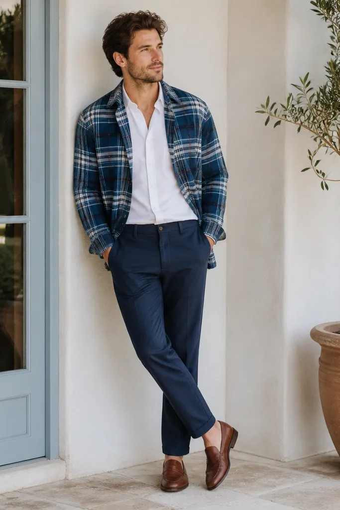 A blue plaid flannel worn open over a crisp white button-down. The man wears navy chinos and brown loafers.