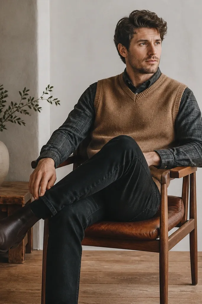 A charcoal flannel shirt layered under a camel knit sweater vest. The man wears black jeans and dark brown boots.