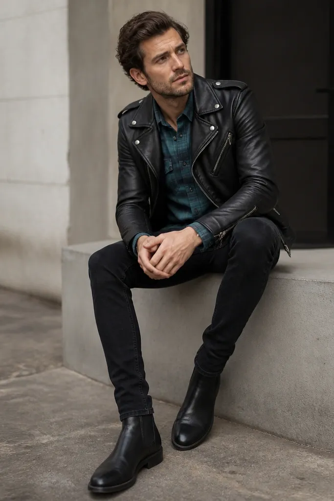 A teal flannel shirt worn under a black leather moto jacket. The man wears black jeans and black Chelsea boots.