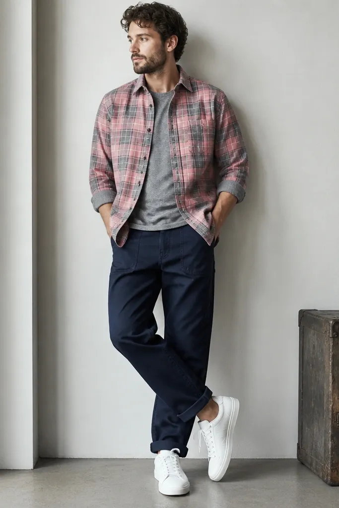 A pink and grey flannel button-up worn half-tucked over a grey tee. The man wears navy work pants and white sneakers.
