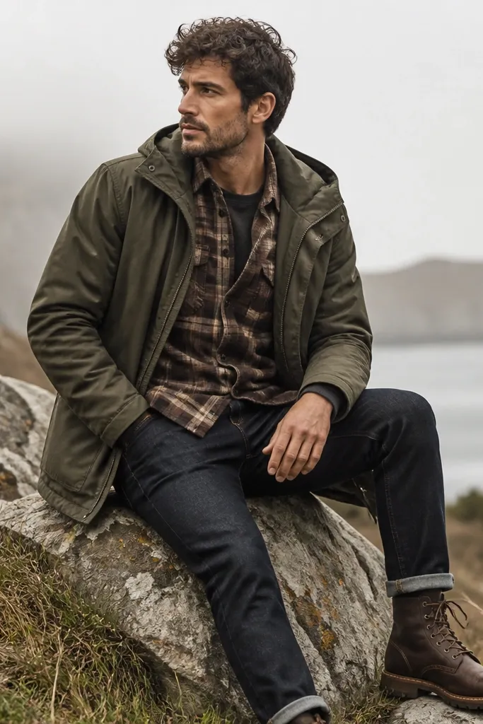 A brown plaid flannel shirt layered over a dark long-sleeve tee, with an olive parka on top. The man wears dark jeans and rugged boots.