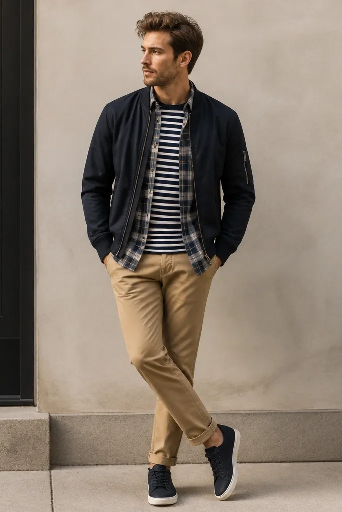 A navy-and-white striped tee under an open plaid flannel, topped with a dark bomber jacket. The man wears tan chinos and navy sneakers.