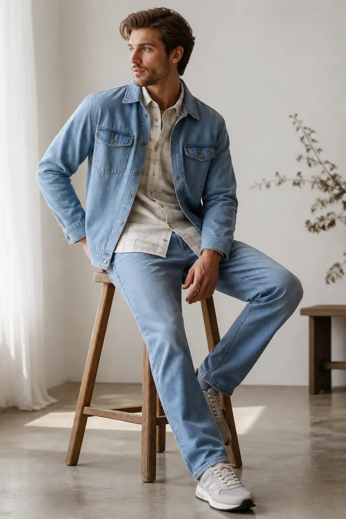A white flannel shirt layered under a light denim shirt jacket. The man wears light blue jeans and grey sneakers.