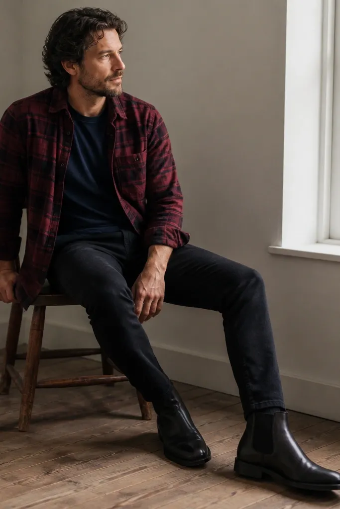 A burgundy flannel shirt worn open over a navy t-shirt. The man wears dark wool trousers and black leather boots.